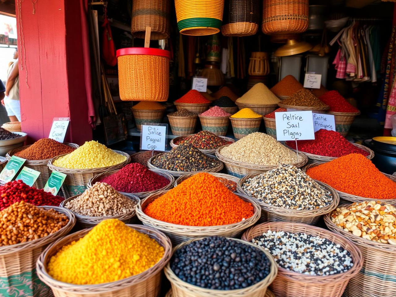 Colorful Caribbean spices in baskets